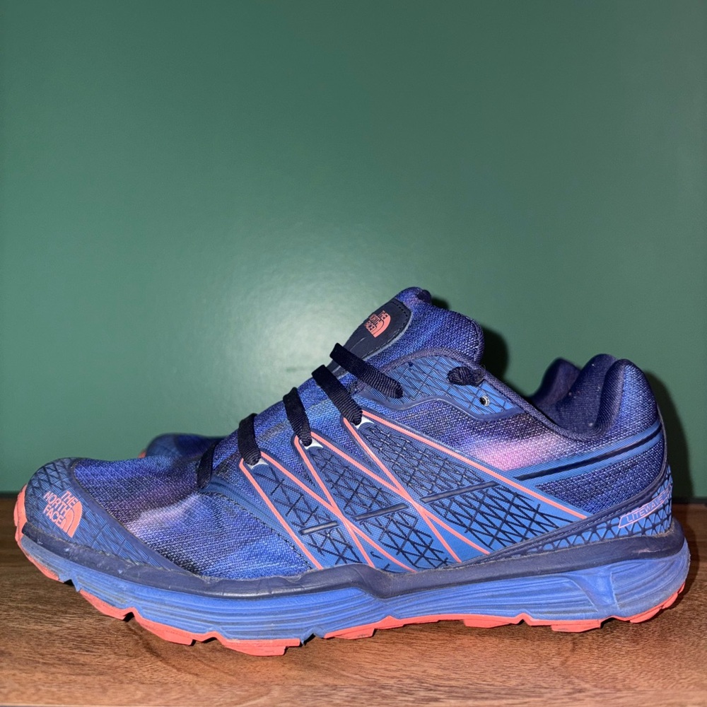 The North Face cobalt blue and neon orange/pink sneakers